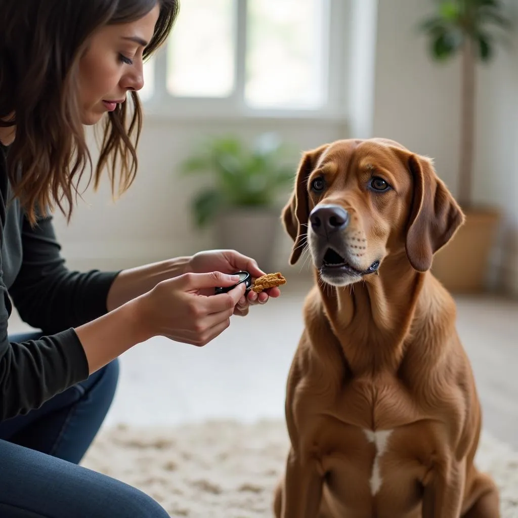 Dog trainer using positive reinforcement methods to train an aggressive dog