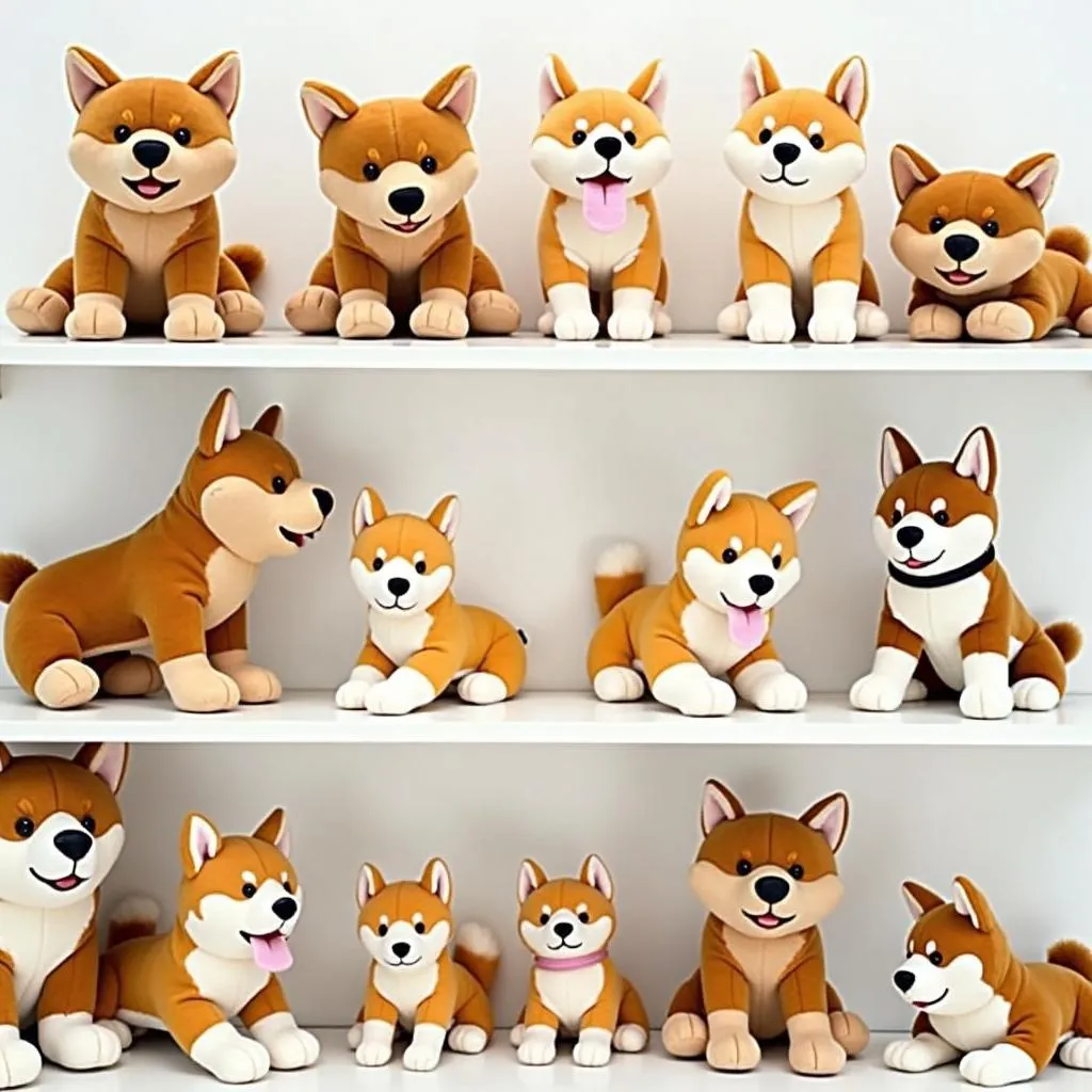 A collection of Akita dog plush toys