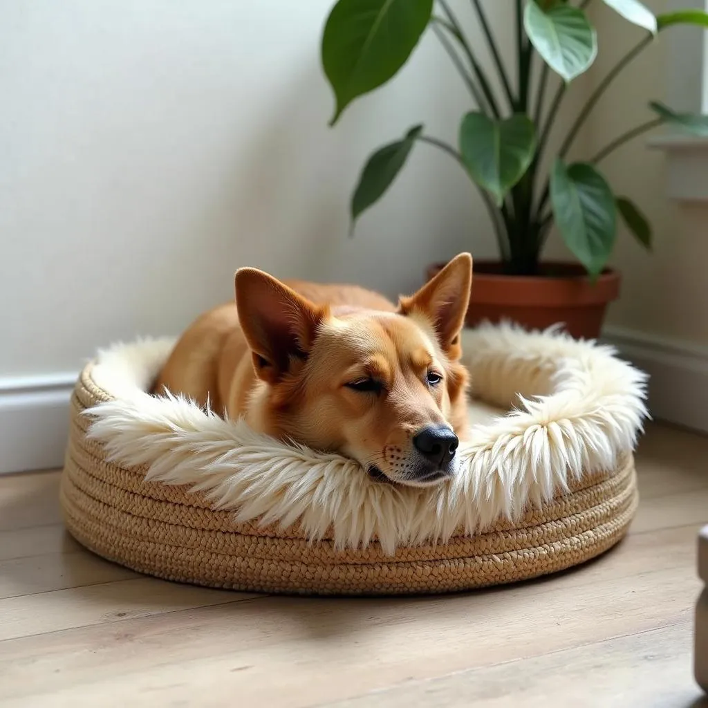 A dog resting comfortably in a basil dog basket