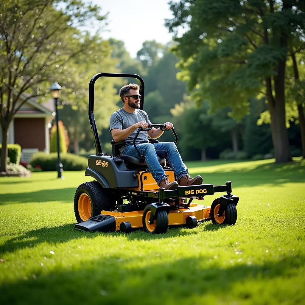 Man using a big dog 60 inch mower to cut his lawn