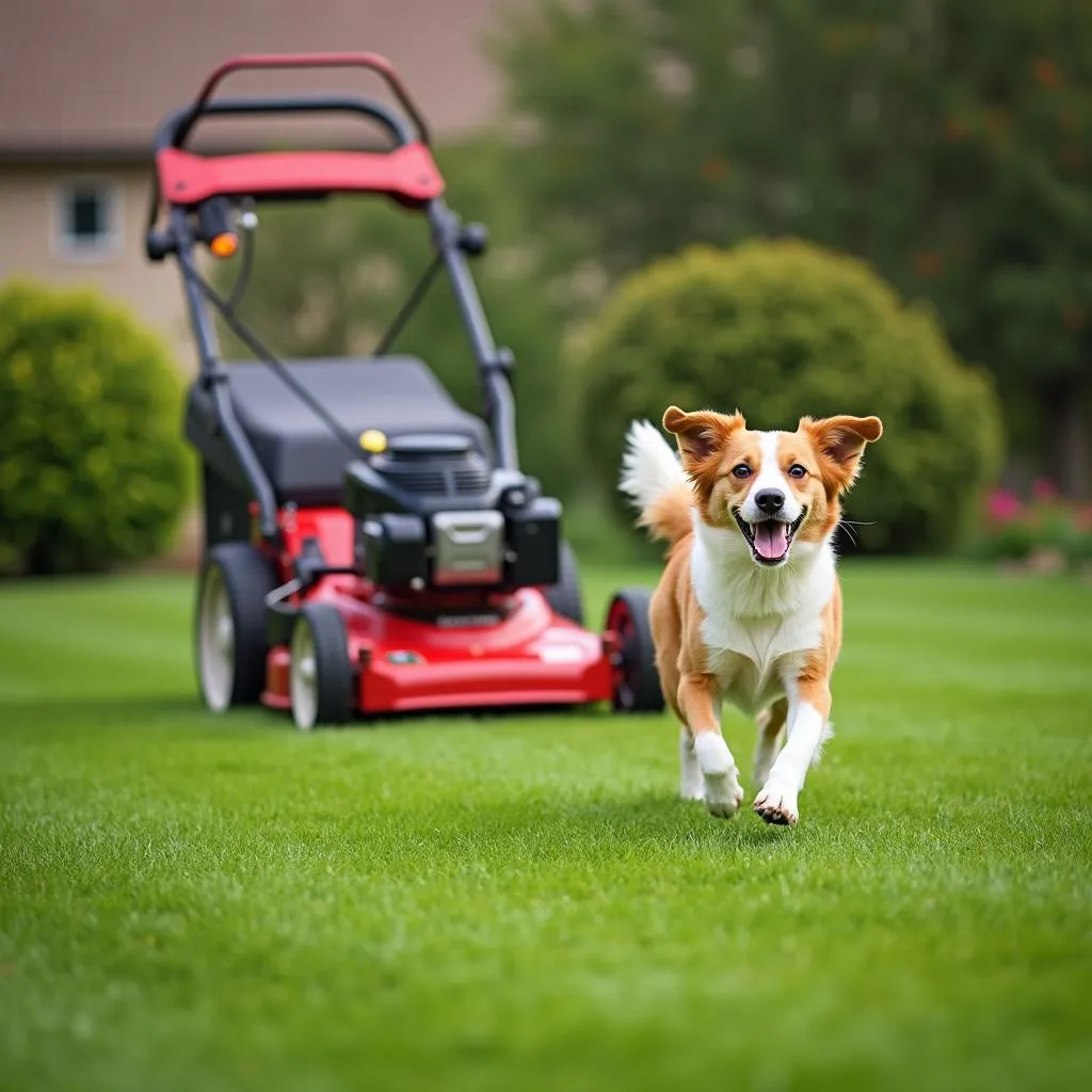 A happy dog playing in a freshly cut lawn