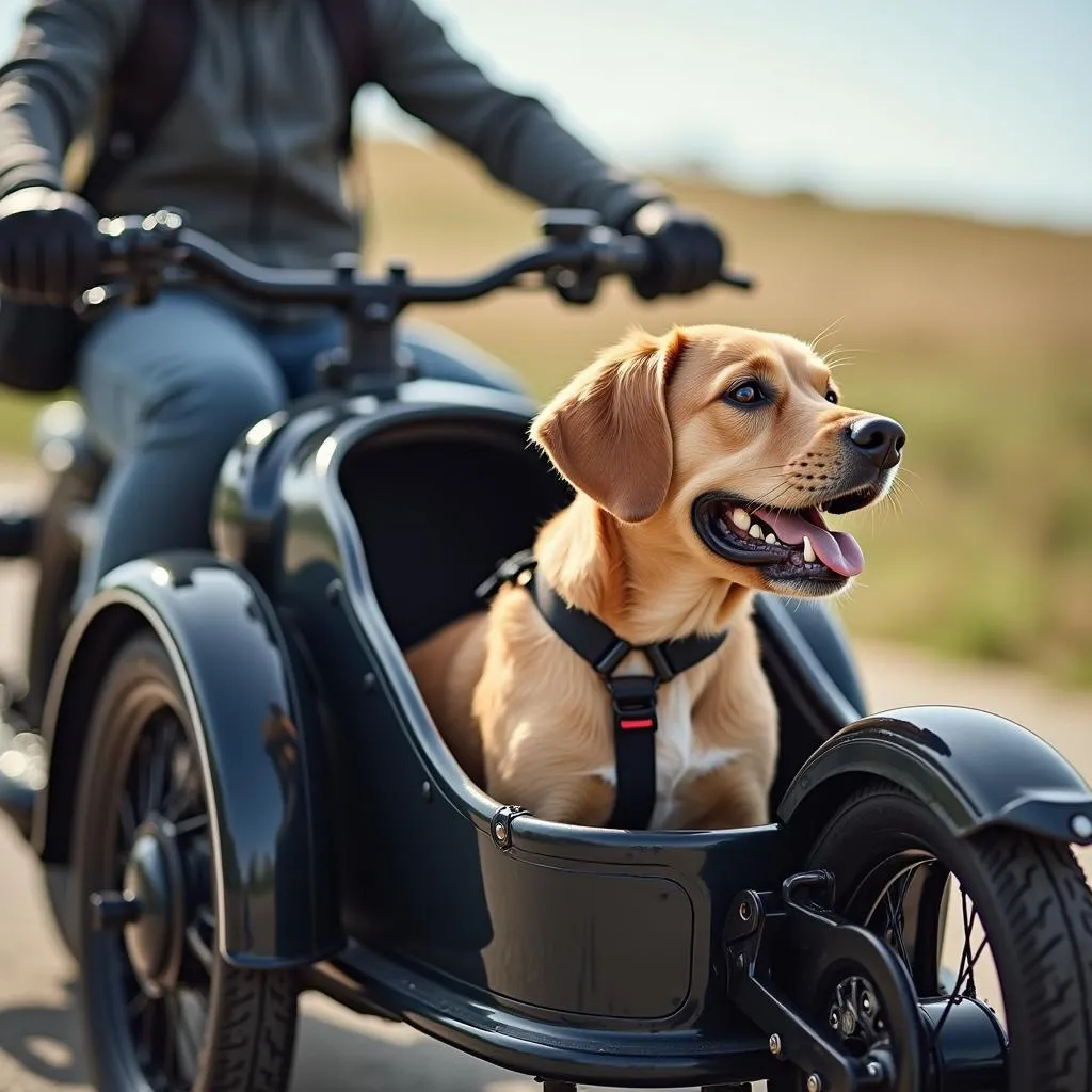 A happy dog enjoying a motorcycle ride in a bike dog sidecar