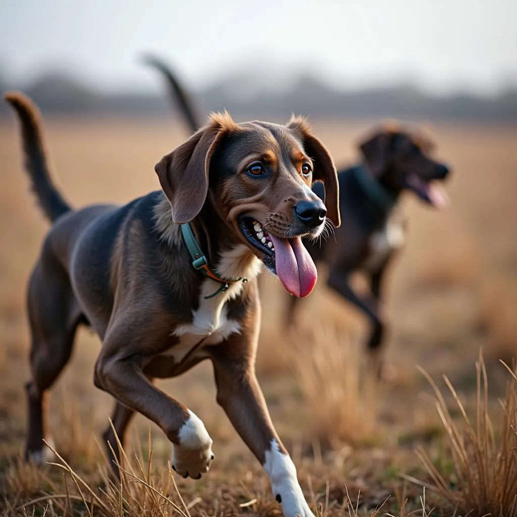 A group of bird dogs competing in a field trial, showcasing their hunting skills and obedience.