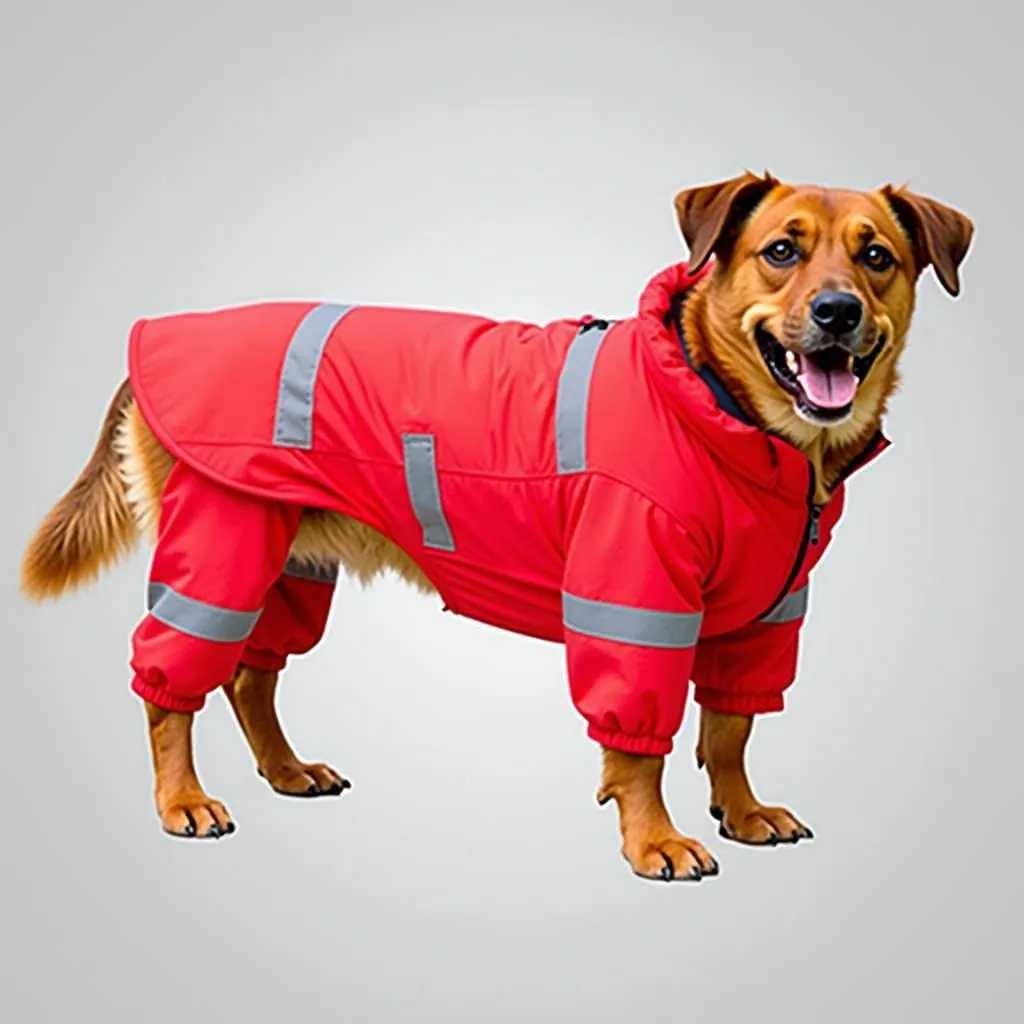 Dog wearing a red coat with reflective stripes