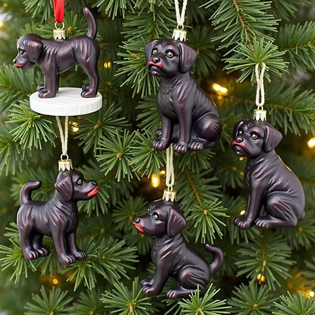 Black dog ornaments hanging on a Christmas tree