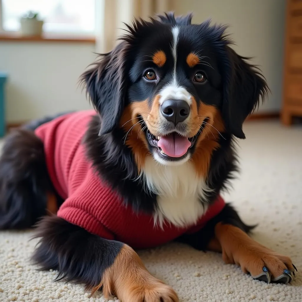 Bruno the Bernese Mountain Dog wearing a sweater too small for him