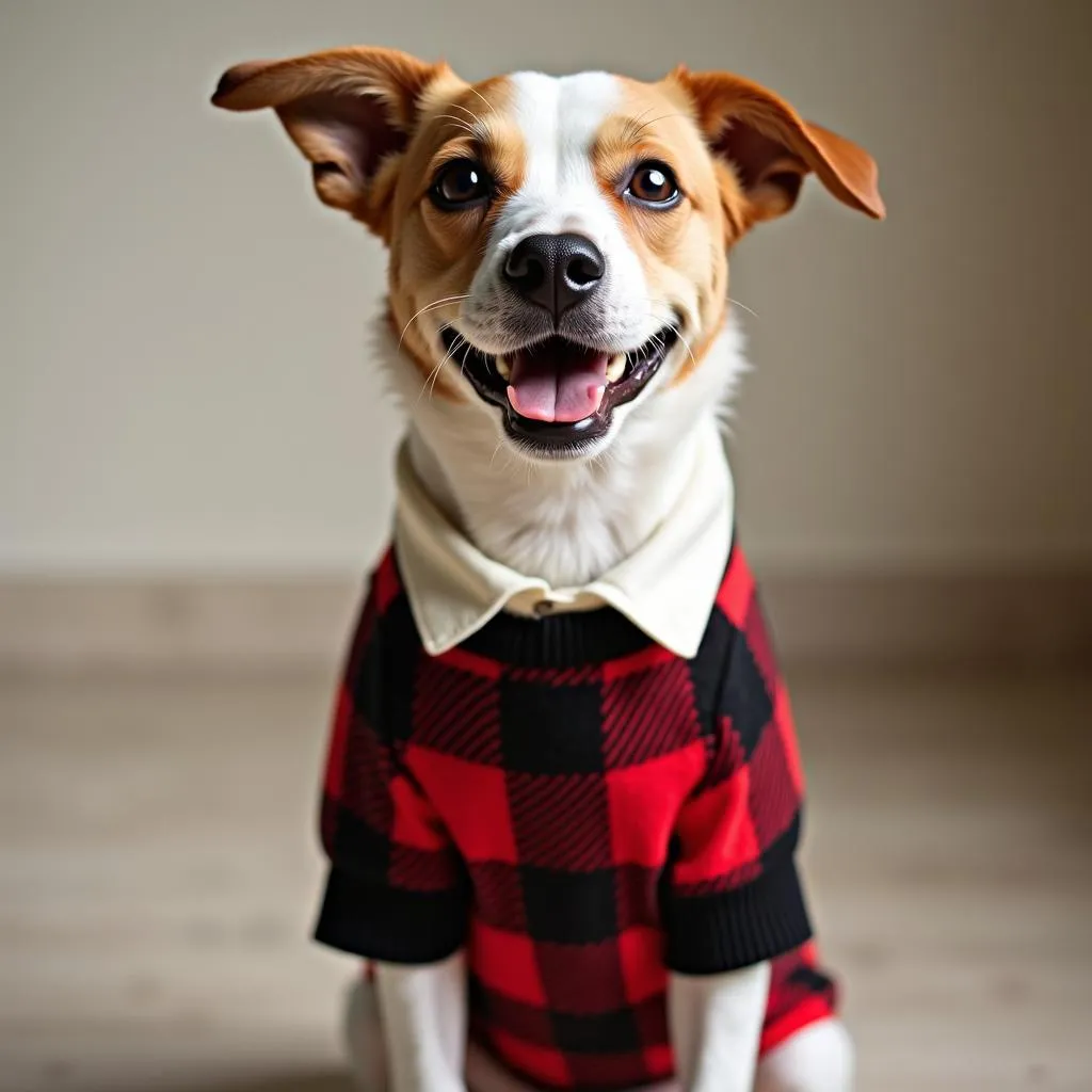 Dog wearing buffalo plaid sweater