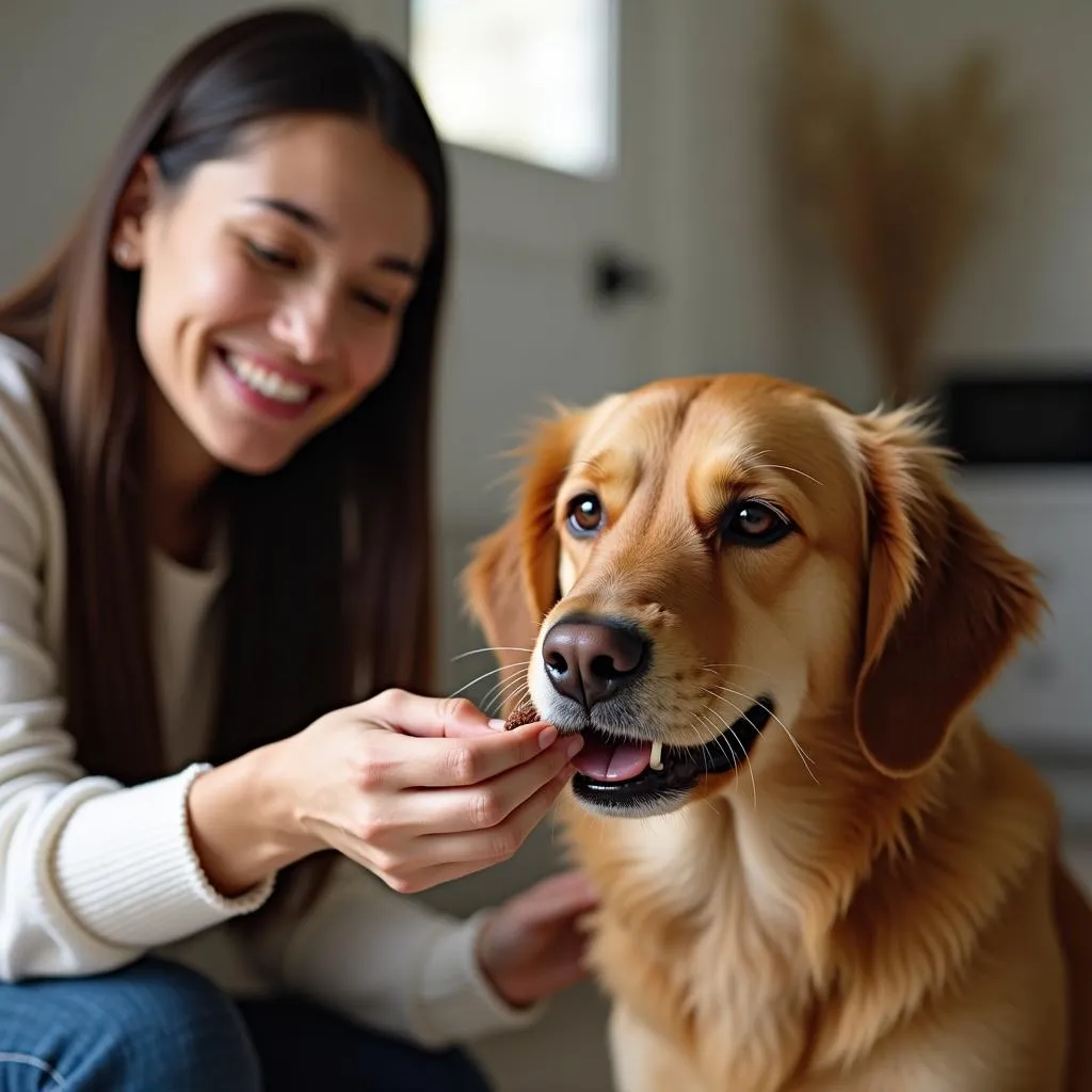 Dog owner giving CBD chew to dog