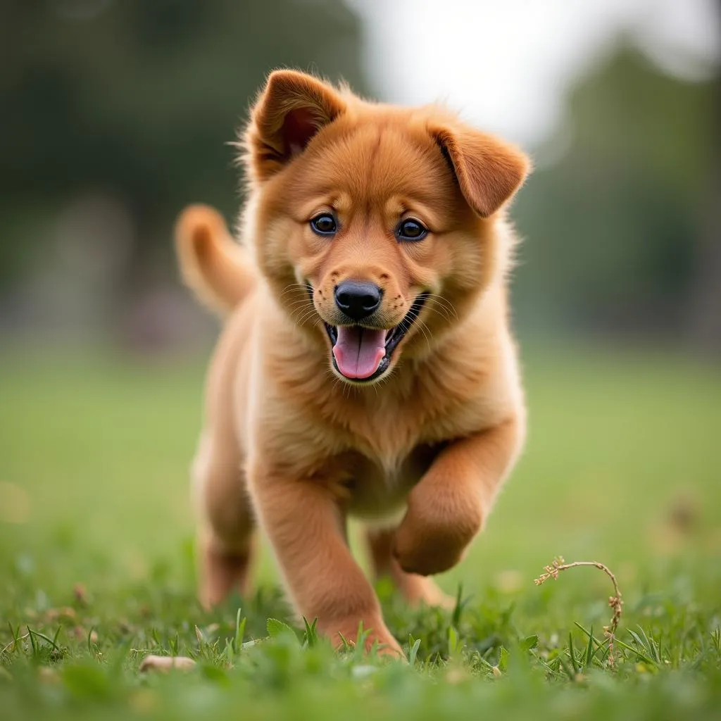 Adorable Chinese Red Dog Puppy Playing in the Park