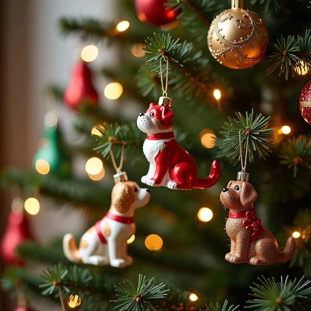 A Christmas tree adorned with Christmas bauble dogs