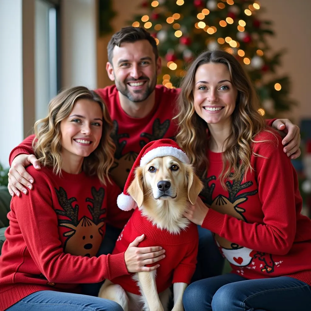 Adorable Family Matching Christmas Jumpers for Dogs: Make this Christmas even more special by dressing you and your dog in matching Christmas sweaters. This is a fun and festive way to celebrate with your furry friend.