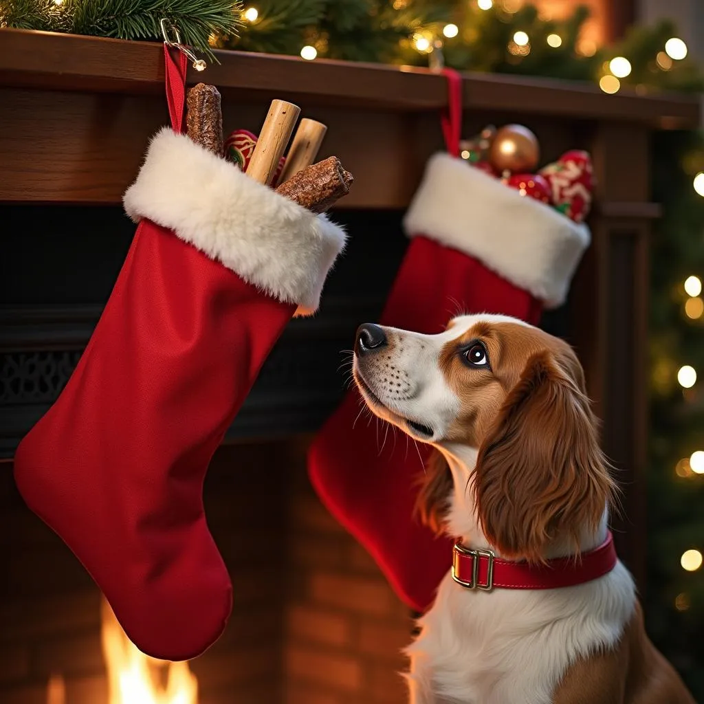 Christmas stocking for dogs filled with treats and toys