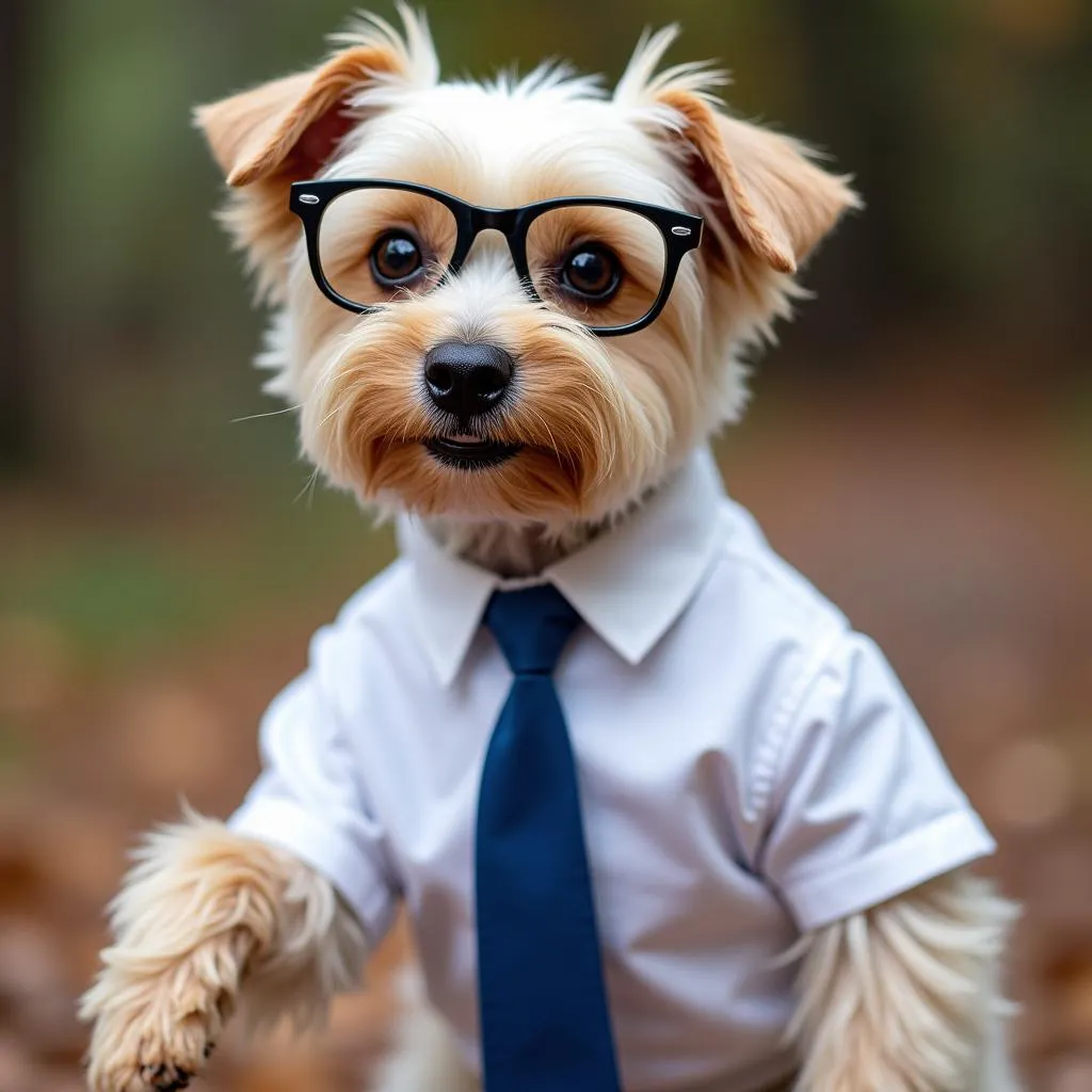 Dog dressed up in a Clark Kent dog costume for Halloween