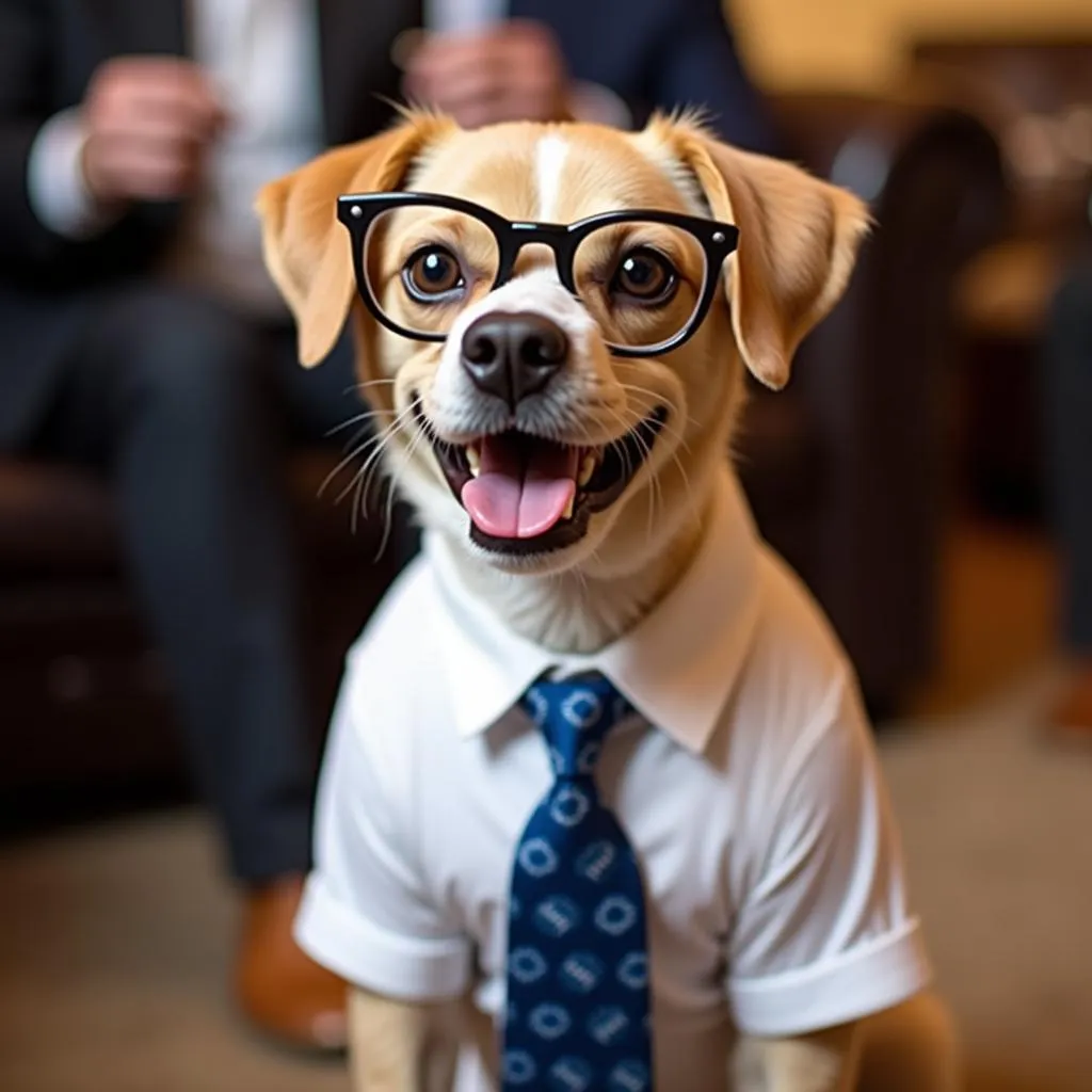 Dog wearing a Clark Kent dog costume at a party