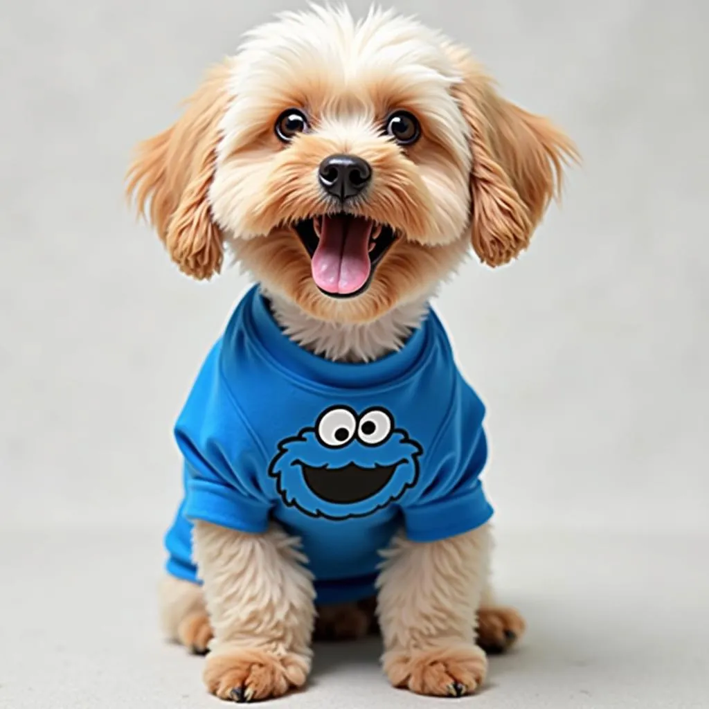 Dog wearing a cute Cookie Monster dog shirt and smiling