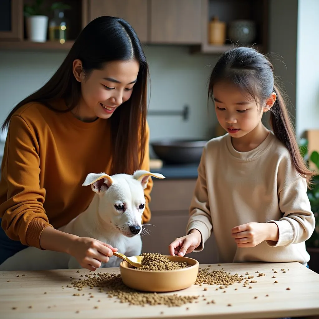 A family prepares homemade co-op dog food together