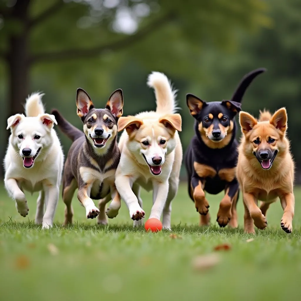 A group of dogs playing together in the park