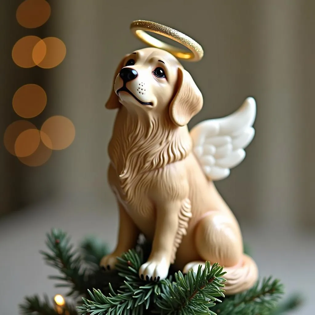 Dog angel Christmas tree topper featuring a golden retriever