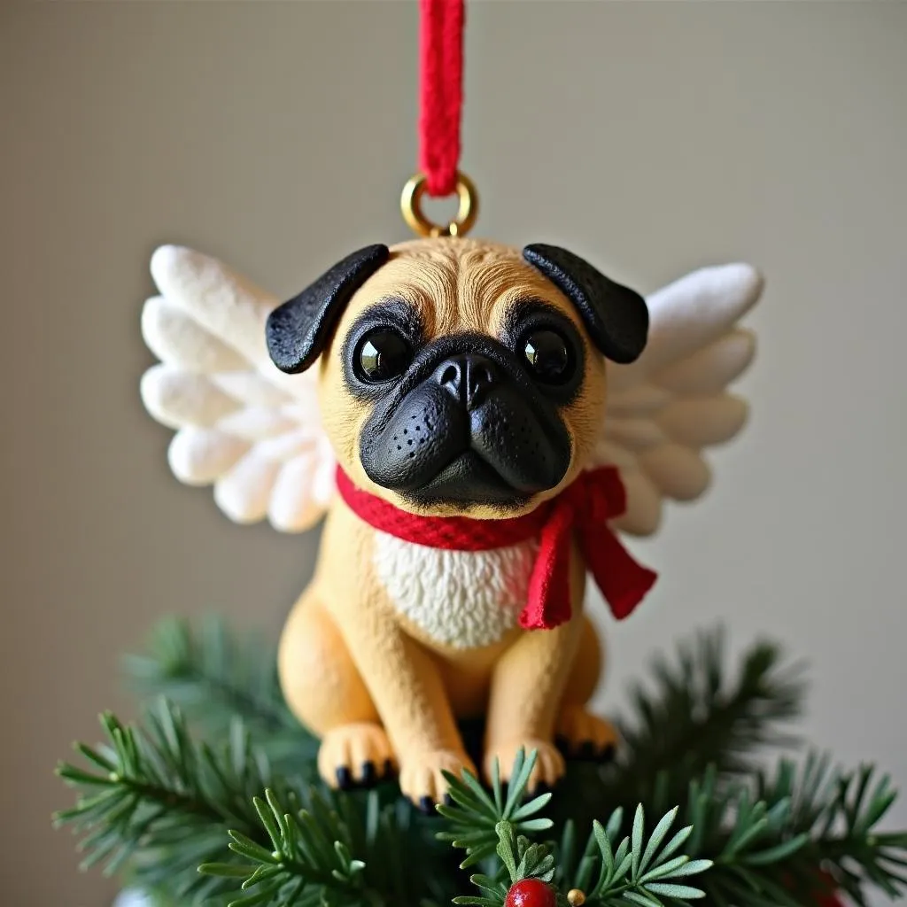 Dog angel Christmas tree topper with a pug