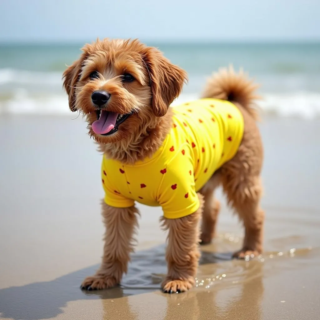 Dog wearing a bathing suit at the beach