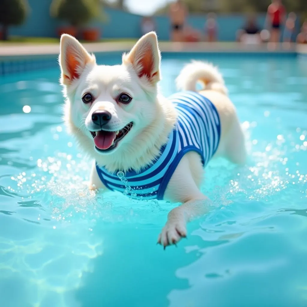 Dog wearing a bathing suit in a pool