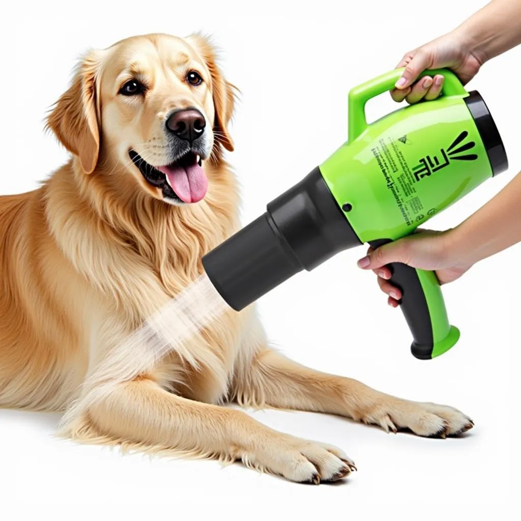 Dog Blower Drying Golden Retriever with Thick Coat