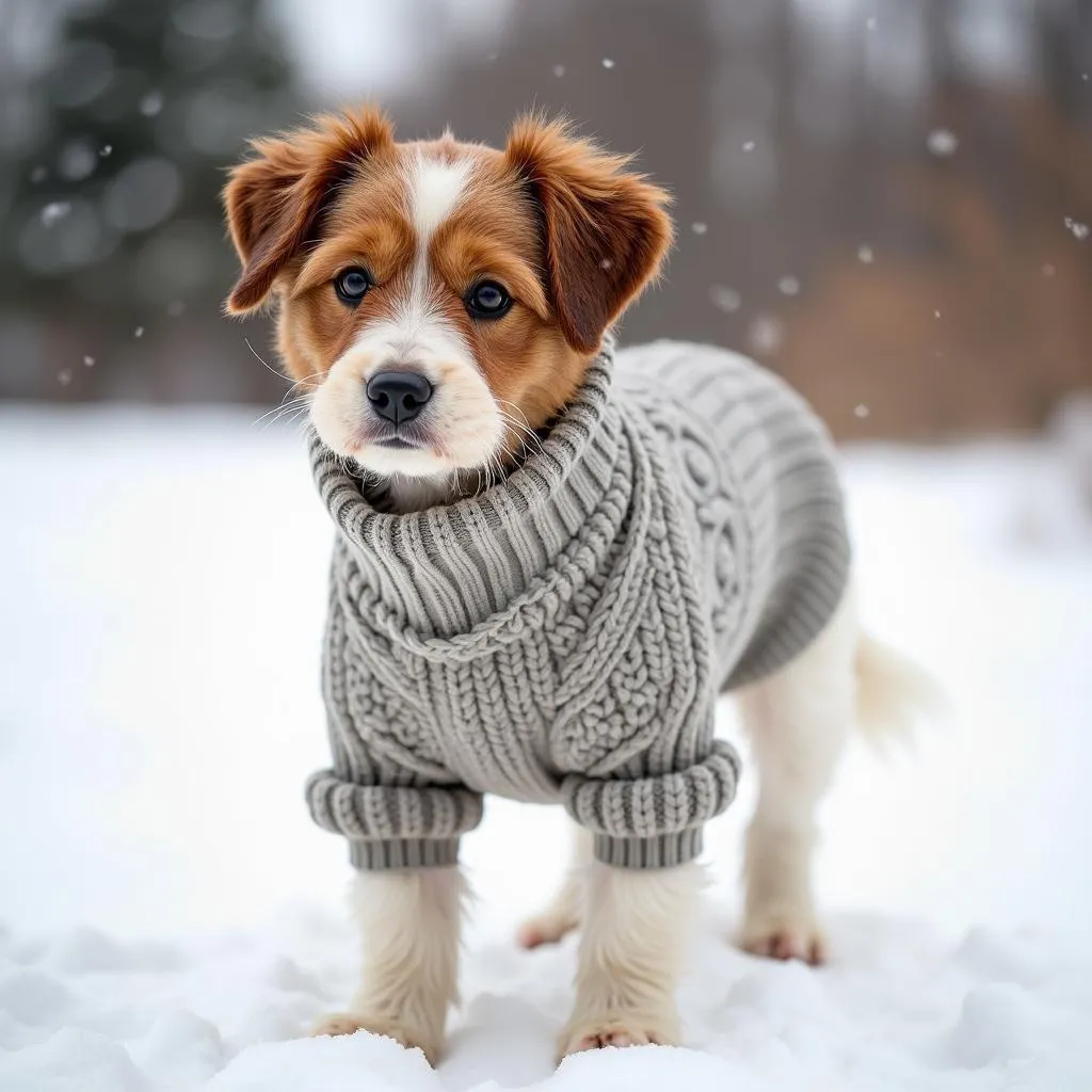 Dog wearing a cable knit sweater in the winter