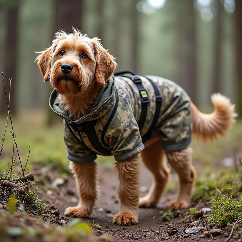 Dog wearing camo clothes on a hiking trail