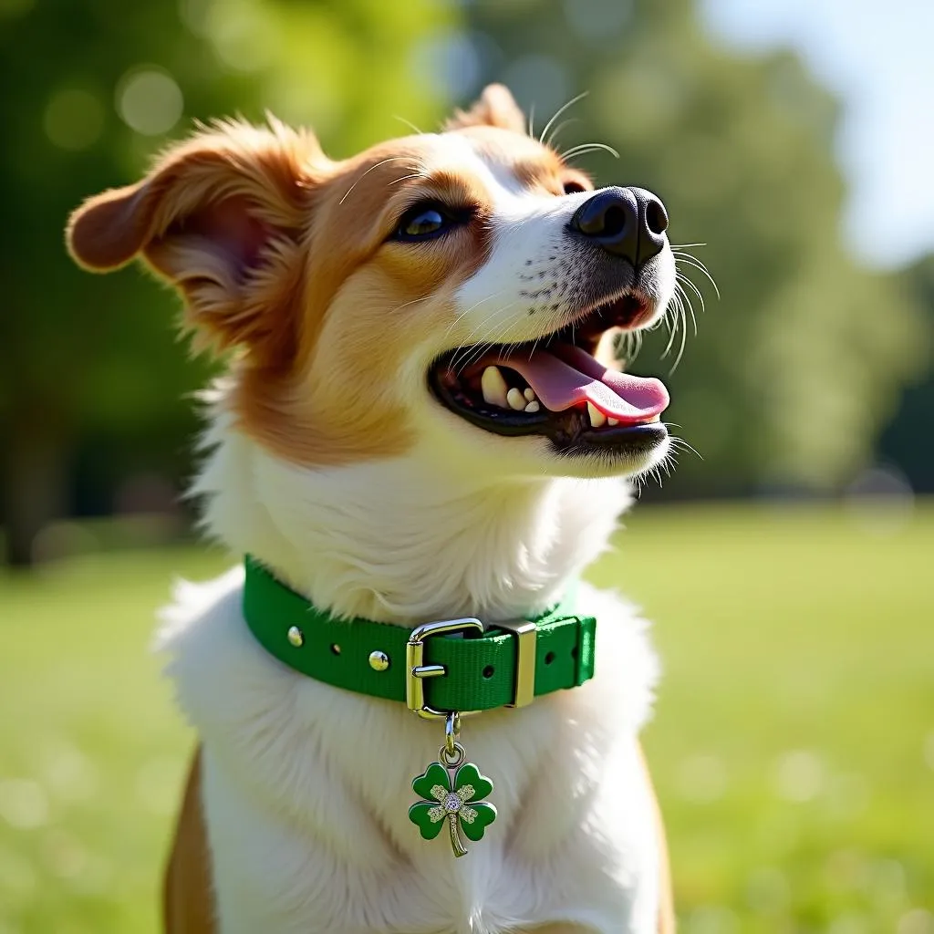 Dog collar with shamrock charm, bringing luck and prosperity