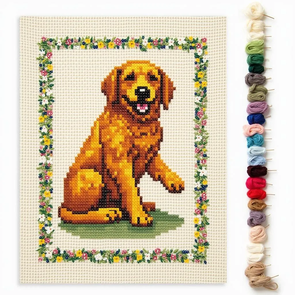 A beautiful counted cross stitch kit featuring a golden retriever