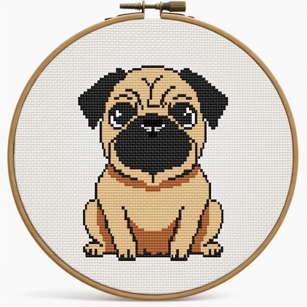 A whimsical counted cross stitch kit featuring a pug