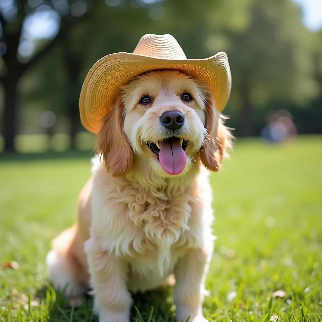 Dog wearing a cowboy hat in a park