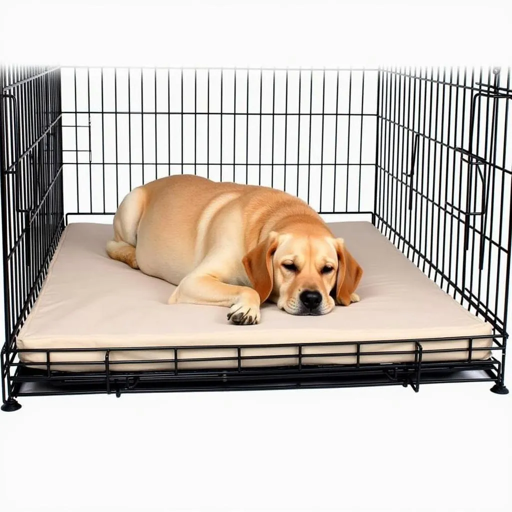 A dog resting comfortably in a dog crate with a plush mattress.