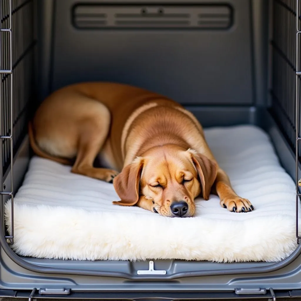 A dog sleeping peacefully in a dog crate with a soft mattress, looking happy and relaxed.