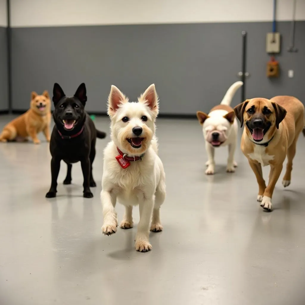 Group of happy dogs playing in a dog daycare facility