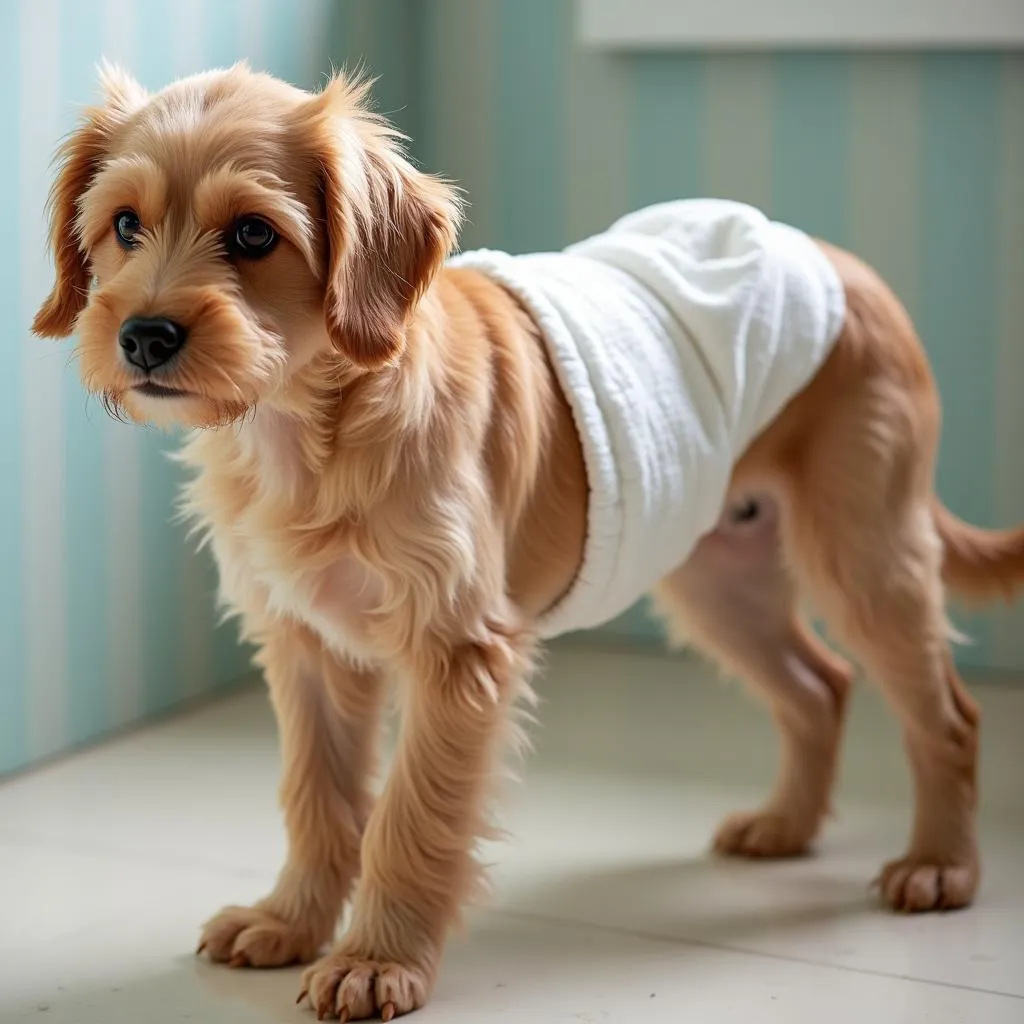 A dog wearing a diaper