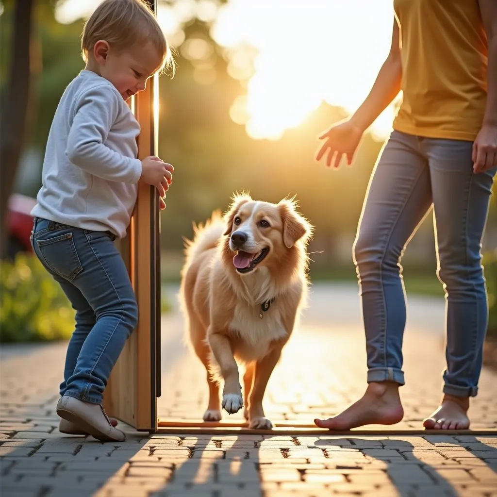 A family enjoying their dog using a dog door