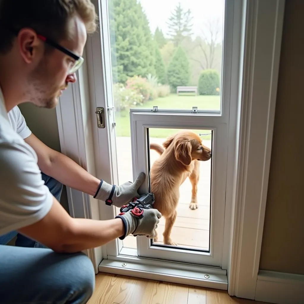 A professional installing a dog door in a glass sliding door