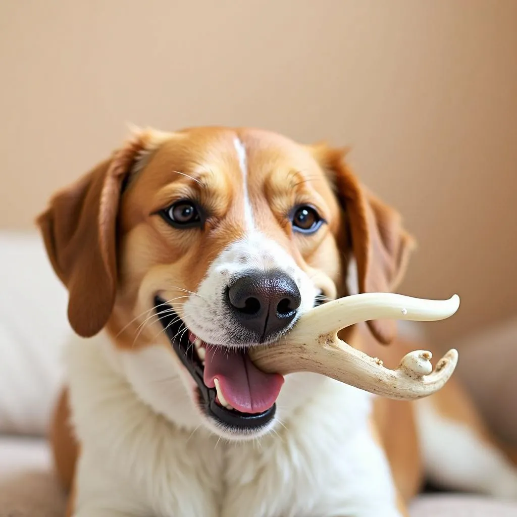 Dog Enjoying Antler Chew Toy