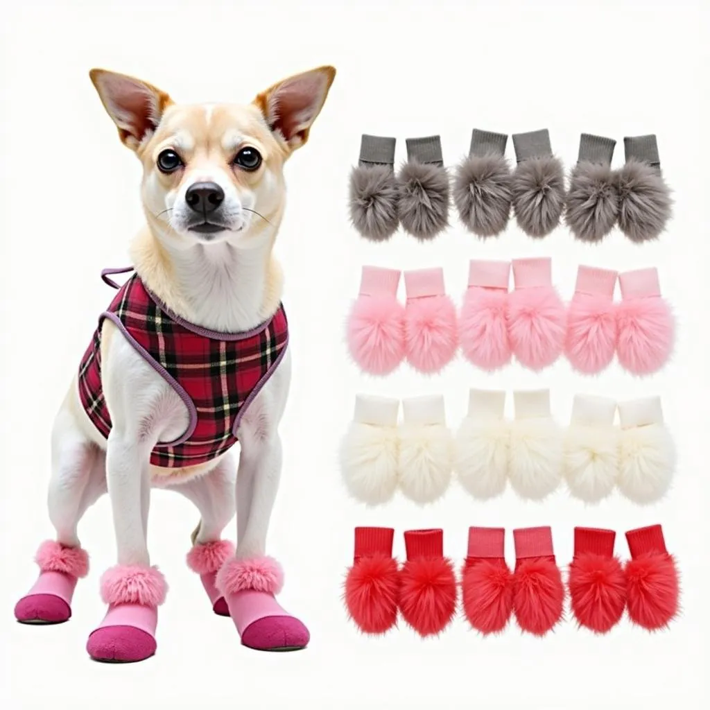 Dog wearing colorful fluffy socks