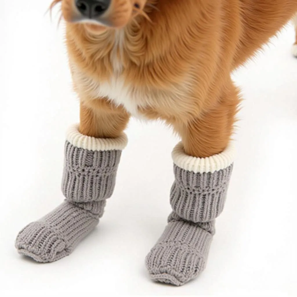 Dog wearing fluffy socks to keep their paws warm and comfortable