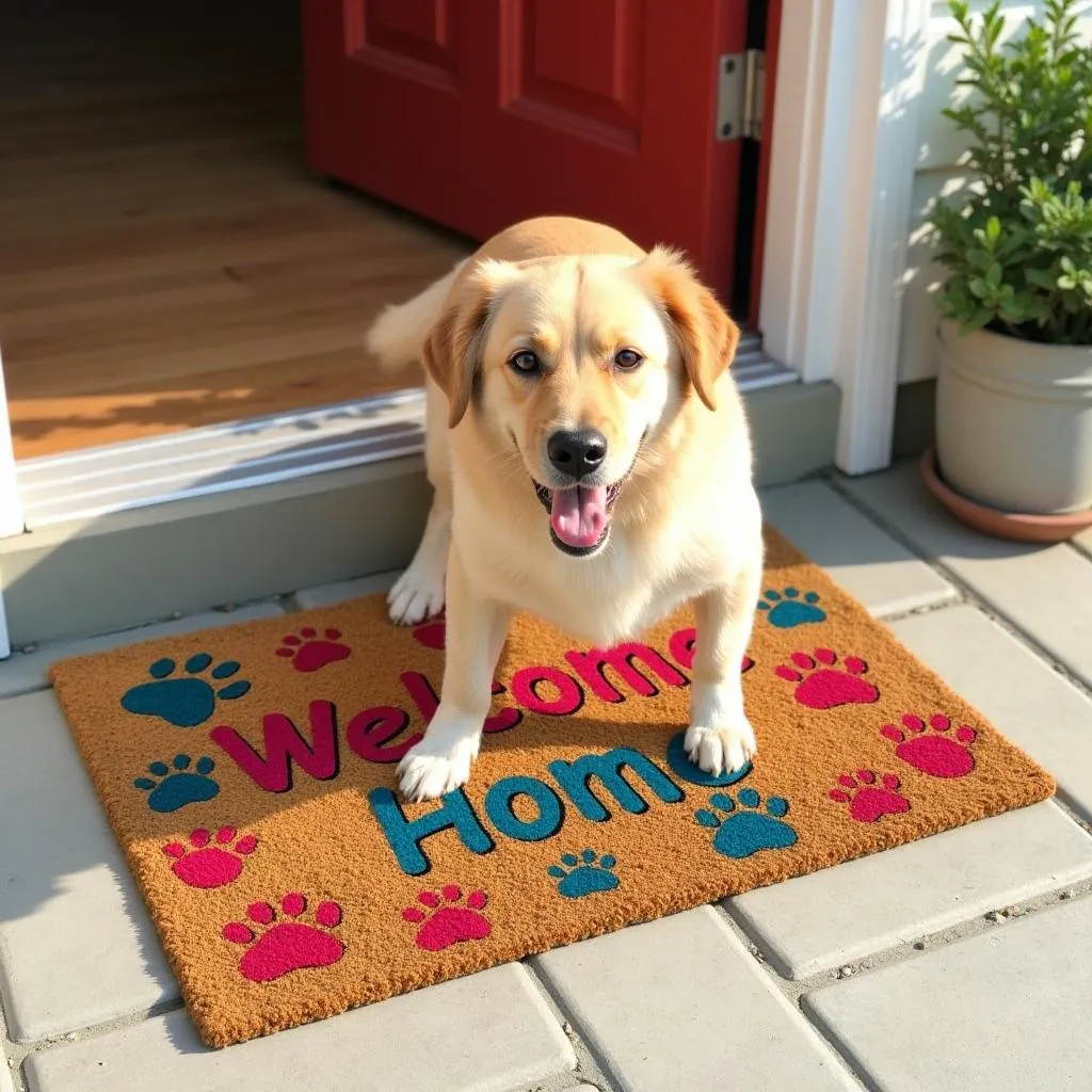 Dog front door mat welcoming a furry friend