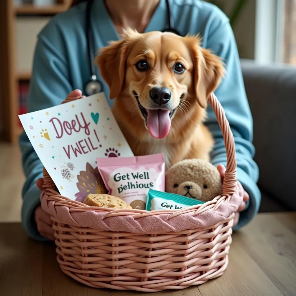 A dog get well basket being delivered to a sick dog