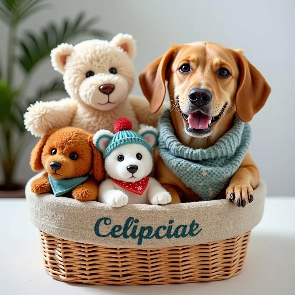 A personalized dog get well basket with the dog's name on it