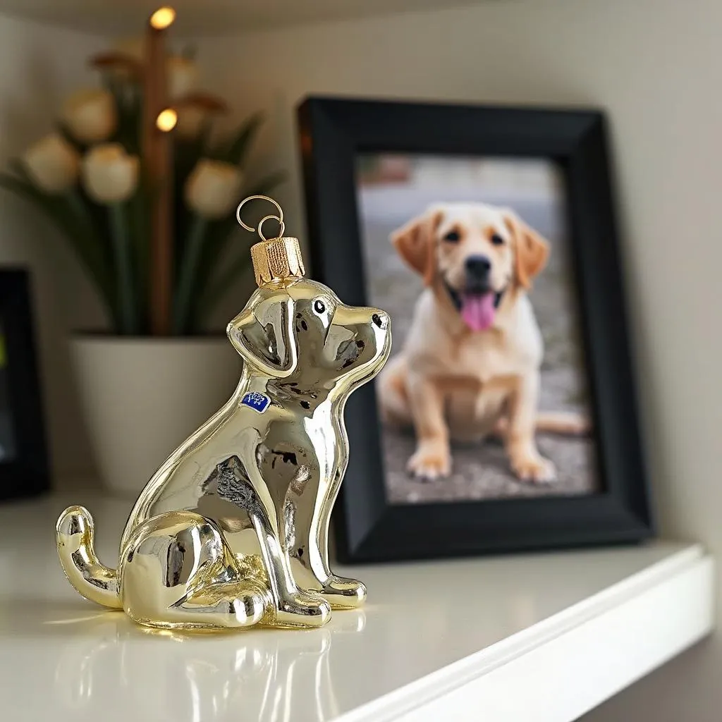 Dog glass ornament on a shelf with a photo of a dog