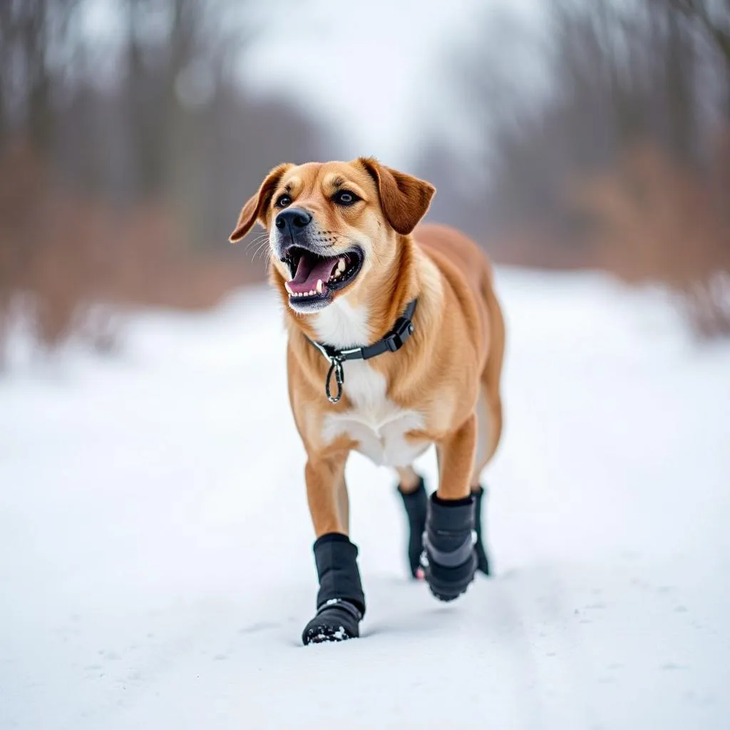 Dog Enjoying Winter Walk with Gloves