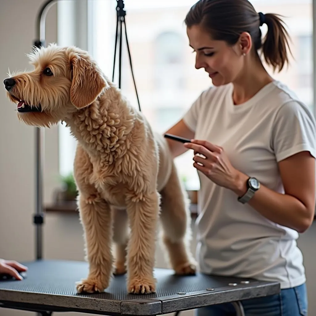 Groomer and dog learning grooming techniques together