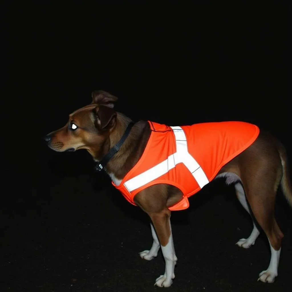 Dog wearing a hi-vis harness for a night walk