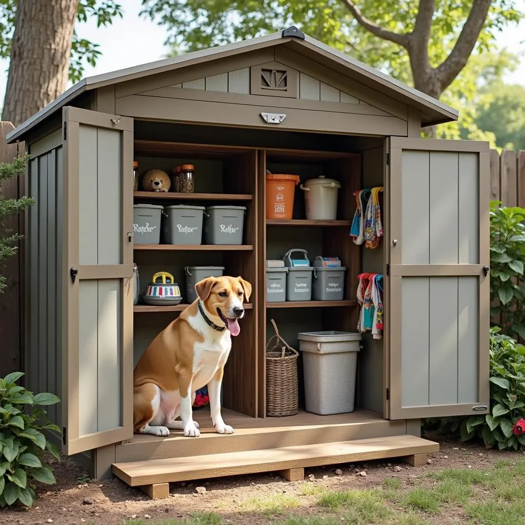 Dog house storage shed for outdoor organization and pet supplies storage