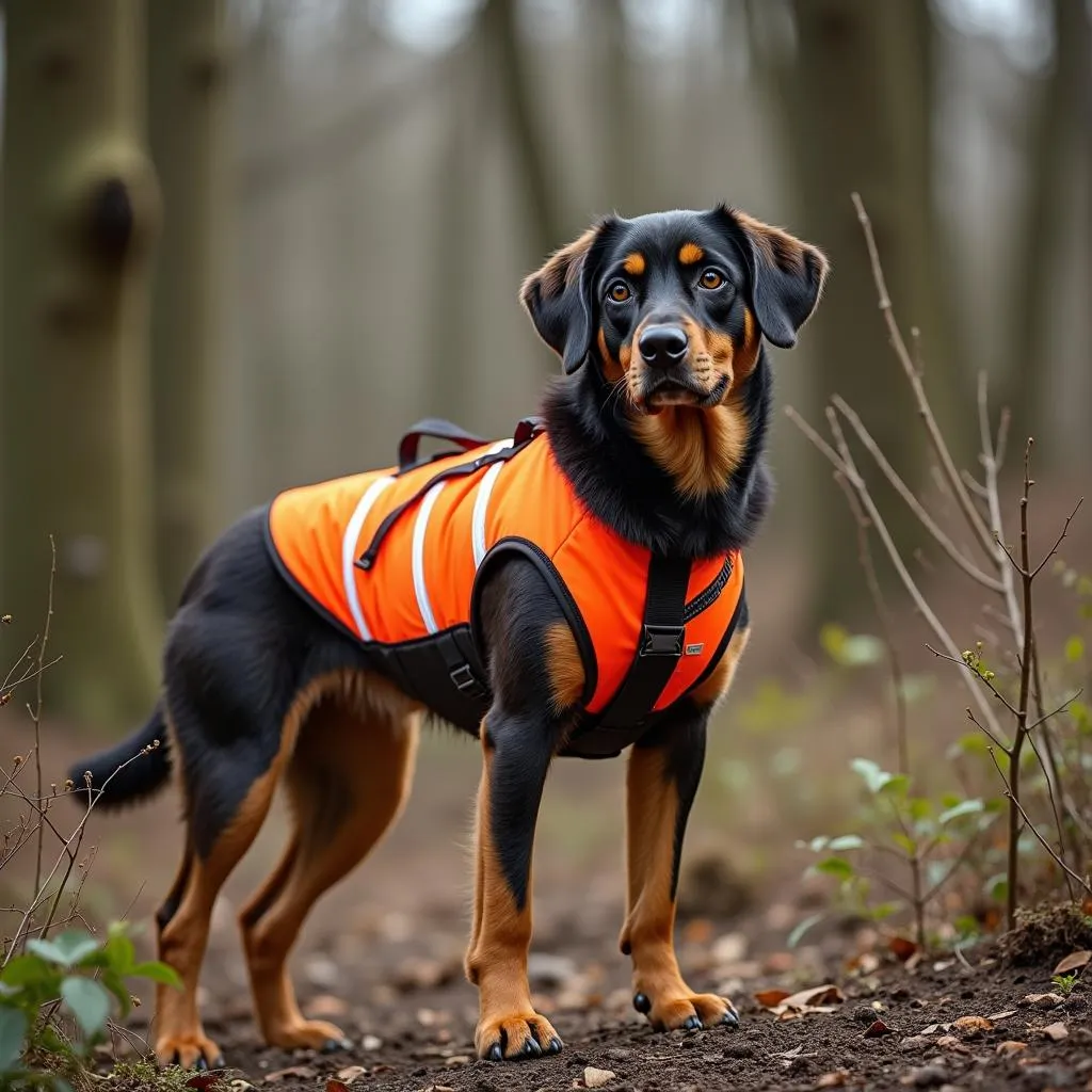 Dog wearing a bright orange hunting vest in the woods